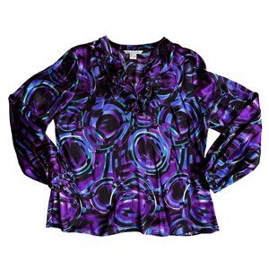 Vtg Peter Nygard Silk Blouse Womens 16 Ruffle Collar V Neck Abstract Sheer Top